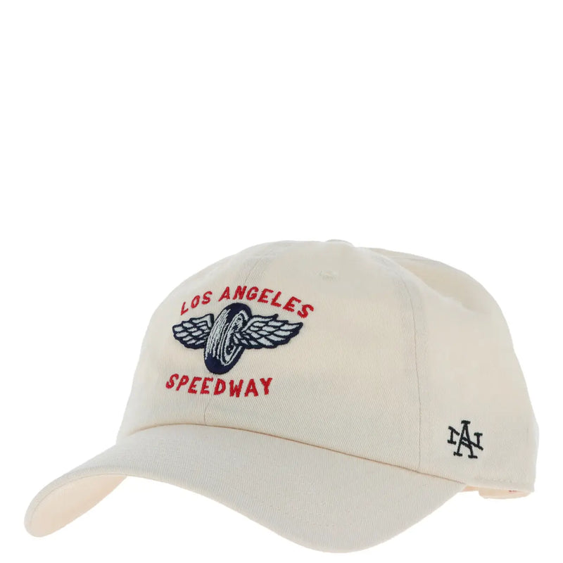 Cream-colored American Needle cotton baseball cap for men with embroidered Los Angeles Speedway logo and LA brand patch