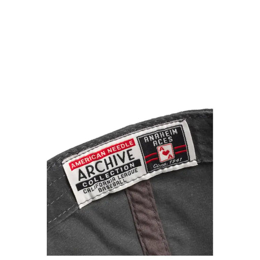 Dark gray cotton baseball cap for men featuring a white label with red and black text and anaheim aces logo