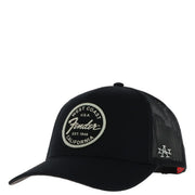 Black American Needle Men cotton mesh trucker hat with white embroidered logo and mesh back panel shown from the back