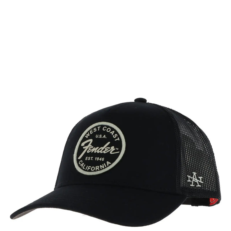 Black American Needle Men cotton mesh trucker hat with white embroidered logo and mesh back panel shown from the back