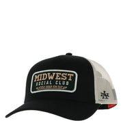 Black and white american needle men cotton mesh cap with green midwest social club patch and mesh back panels