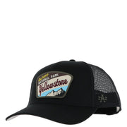 Black American Needle Men trucker hat with yellowstone national park patch and mesh back panels in cotton material