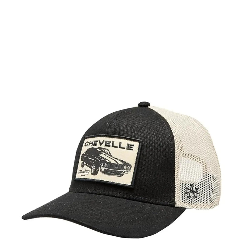 Black and cream american needle men cotton mesh trucker hat with vintage chevrolet chevelle patch on front