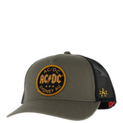 American Needle men’s olive green cotton mesh trucker hat with black mesh back and acdc embroidered patch sydney au