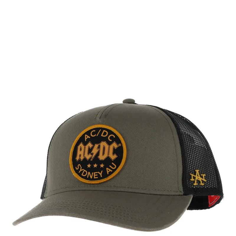 American Needle men’s olive green cotton mesh trucker hat with black mesh back and acdc embroidered patch sydney au
