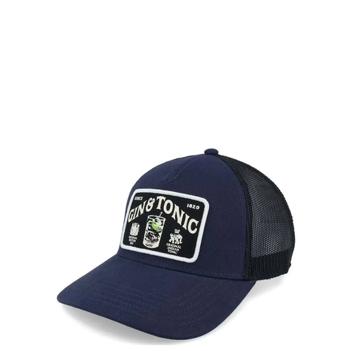Marineblaue American Needle Herren-Truckerkappe aus Baumwolle mit blauem Print, schwarzem Netzrücken und Gin-Tonic-Aufnäher.