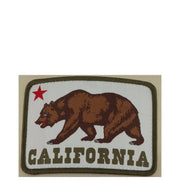 Brown bear patch with red star and california text on white background bordered in olive green on american needle men cap beige polyester