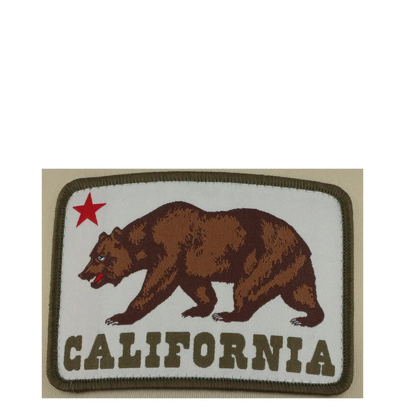 Brown bear patch with red star and california text on white background bordered in olive green on american needle men cap beige polyester
