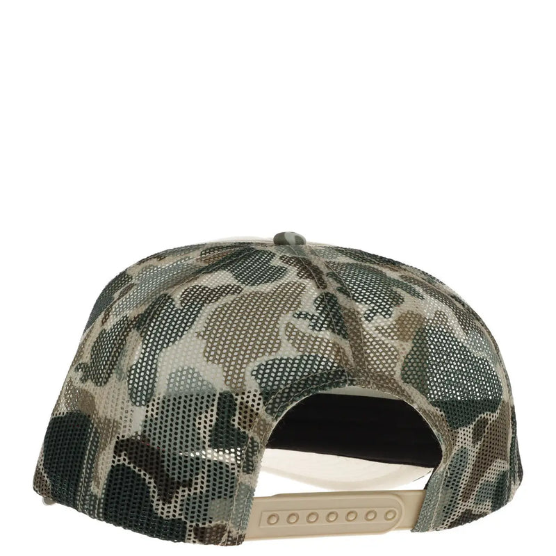 Back view of camouflage-patterned american needle men cap with beige polyester mesh back and adjustable strap