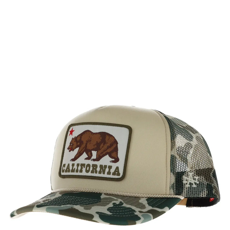 Beige and camouflage polyester trucker hat by American Needle featuring a brown bear patch with California text