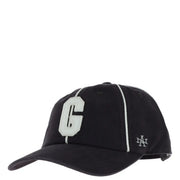 Black American Needle men cap in cotton with large white embroidered g and la logo patch near the brim