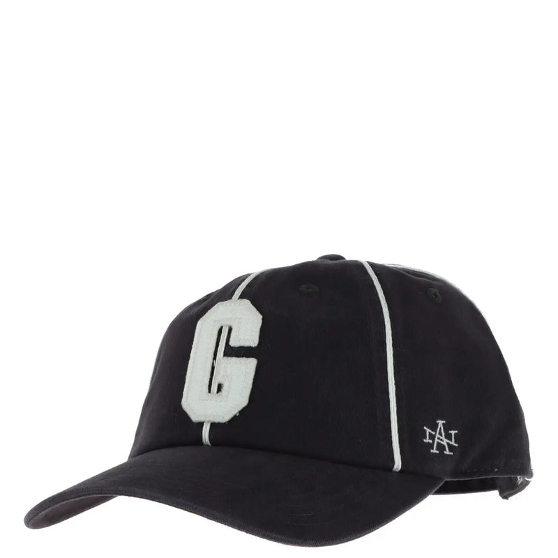 Black American Needle men cap in cotton with large white embroidered g and la logo patch near the brim