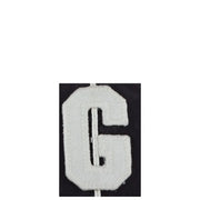 White embroidered letter g patch with textured frayed edge on American Needle men cap blue print cotton one size