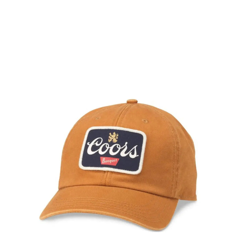 Tan Coors banquet baseball cap with navy blue and white embroidered patch in brown cotton by American Needle
