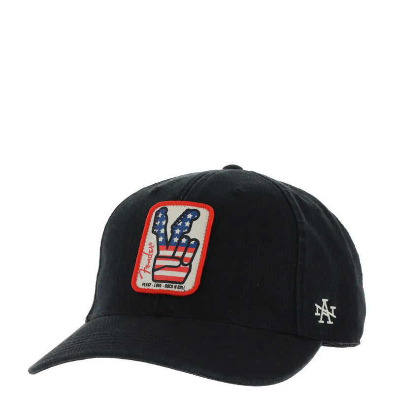 Black cotton American Needle men cap featuring an American flag peace sign patch and Fender logo brown print design