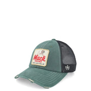 A distressed teal American Needle men cap with black mesh back featuring a beige mack trucks patch in red script