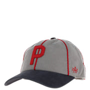 Gray American Needle men cotton baseball cap with red embroidered p logo and navy contrasting brim SMU714A model