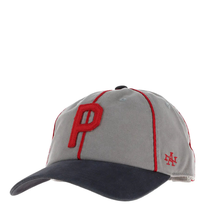 Gray American Needle men cotton baseball cap with red embroidered p logo and navy contrasting brim SMU714A model