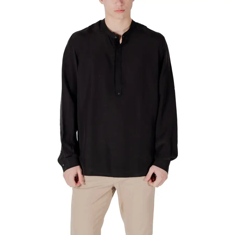Men’s black linen lyocell long sleeve shirt with mandarin collar and partial placket
