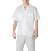 Men’s white short-sleeved collared shirt with two chest pockets displayed with Antony Morato Black Short Sleeve V Neck Shirt with Pockets