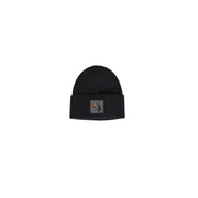 Black beanie with a square patch featuring an animal design, likely wool or acrylic.