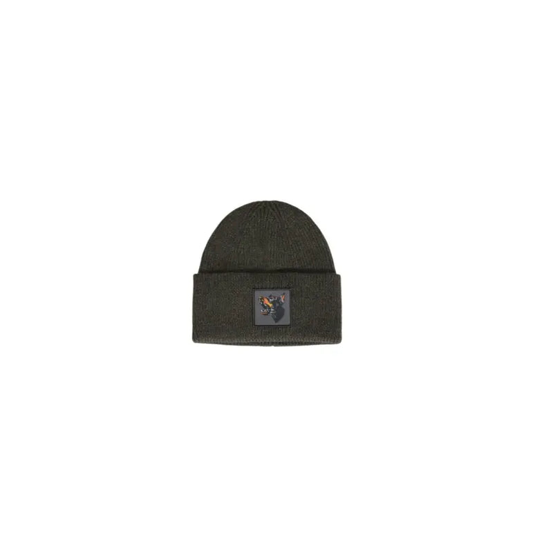 Olive green beanie with black patch and skull design, possibly by stussy.