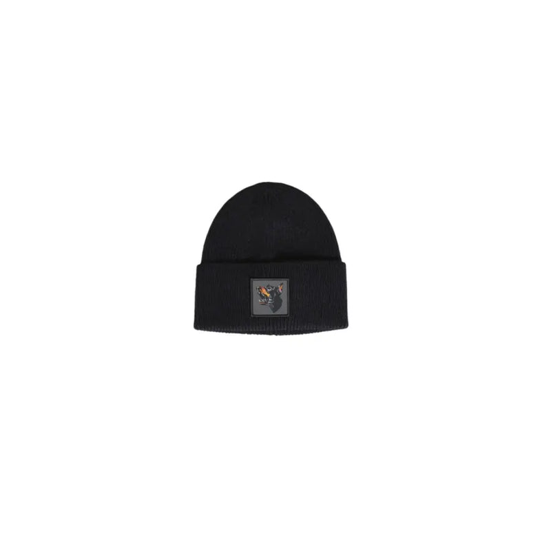 Antony Morato black wool blend ribbed knit beanie with folded cuff and embroidered wolf logo patch for men