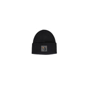Antony Morato black wool blend ribbed knit beanie with folded cuff and embroidered wolf logo patch for men