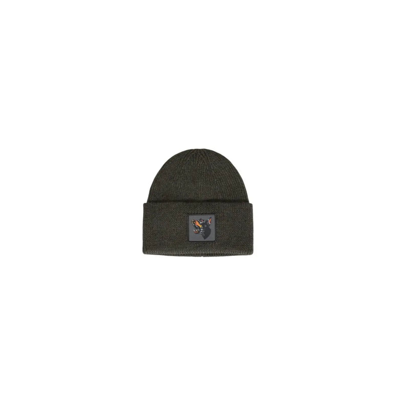 Olive green beanie with black patch and skull design, possibly by stussy.