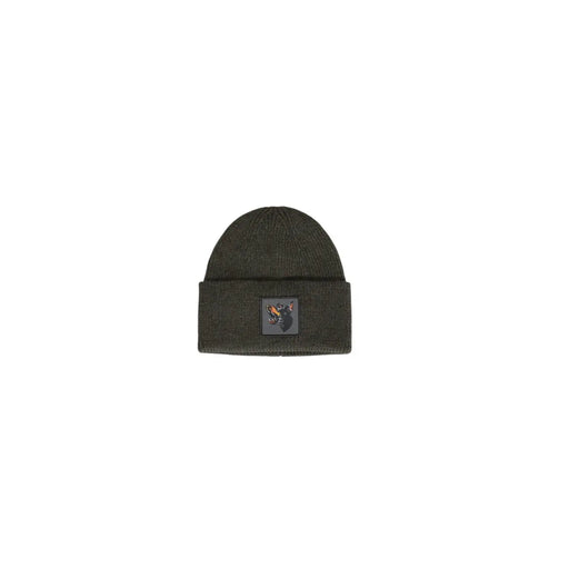 Olive green beanie with black patch and skull design, possibly by stussy.