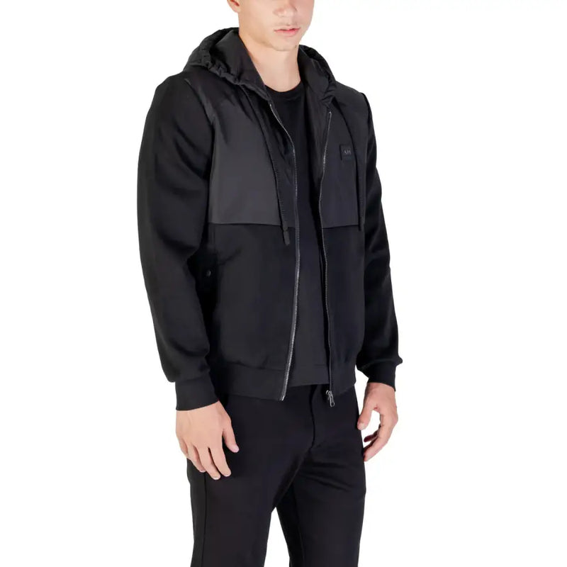 Men’s black zip hooded sweatshirt with contrasting chest panels from Antony Morato