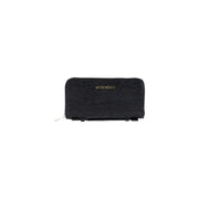 Black textured leather zip-around wallet with inside and outside pockets for men