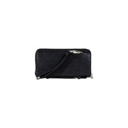 Black leather wallet with zipper closure and wrist strap for men displayed in Antony Morato product