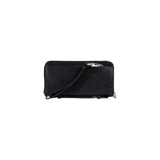 Black leather wallet with zipper closure and wrist strap for men displayed in Antony Morato product