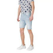 Antony Morato blue cotton light-wash denim shorts for men with distressed details and rolled cuffs for spring summer