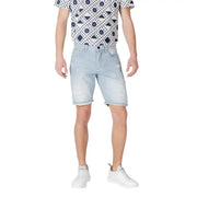 Antony Morato blue cotton shorts for men featuring light-wash denim with distressed patches and rolled cuffs