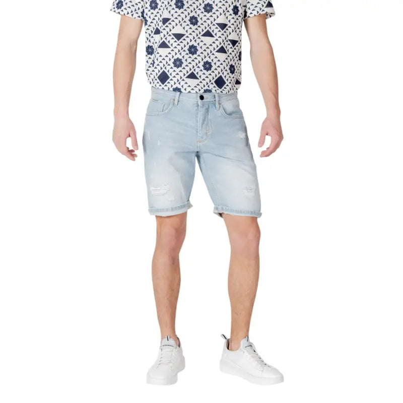 Antony Morato blue cotton shorts for men featuring light-wash denim with distressed patches and rolled cuffs