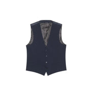 Navy blue wool blend vest with button closure and subtle patterned lining.