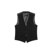 Black formal vest with silver buttons and a subtle patterned lining.