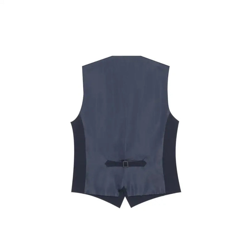 Charcoal gray wool waistcoat with black trim and a single button closure.