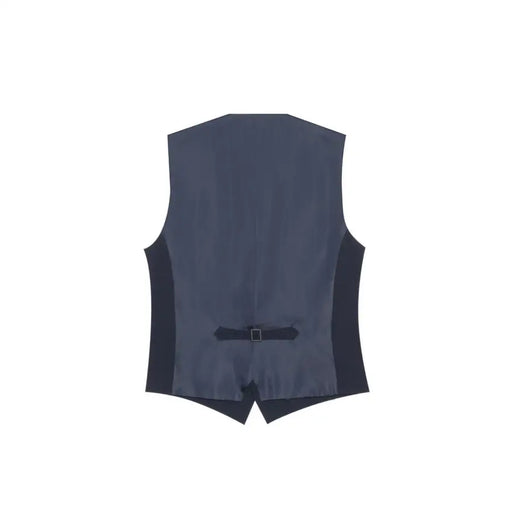 Charcoal gray wool waistcoat with black trim and a single button closure.