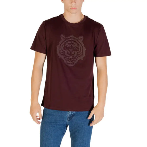 Men’s short-sleeve maroon cotton T-shirt with embossed tiger head design by Antony Morato