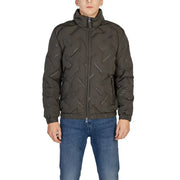 Olive green quilted bomber jacket with zipper and pockets.