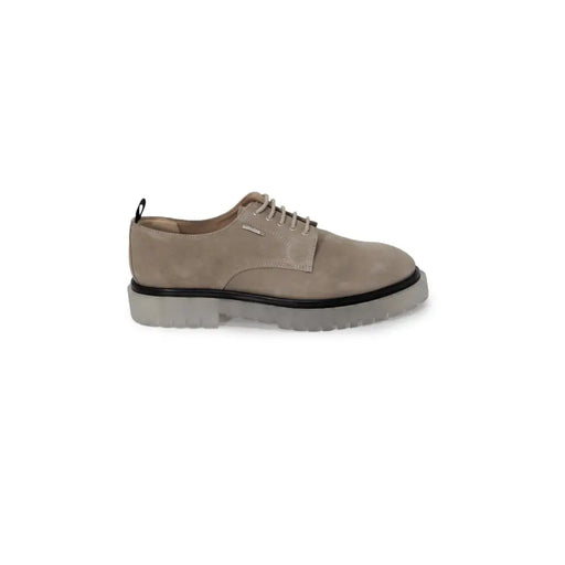 Antony Morato men beige leather lace-up shoe with chunky translucent sole and black rubber trim in suede