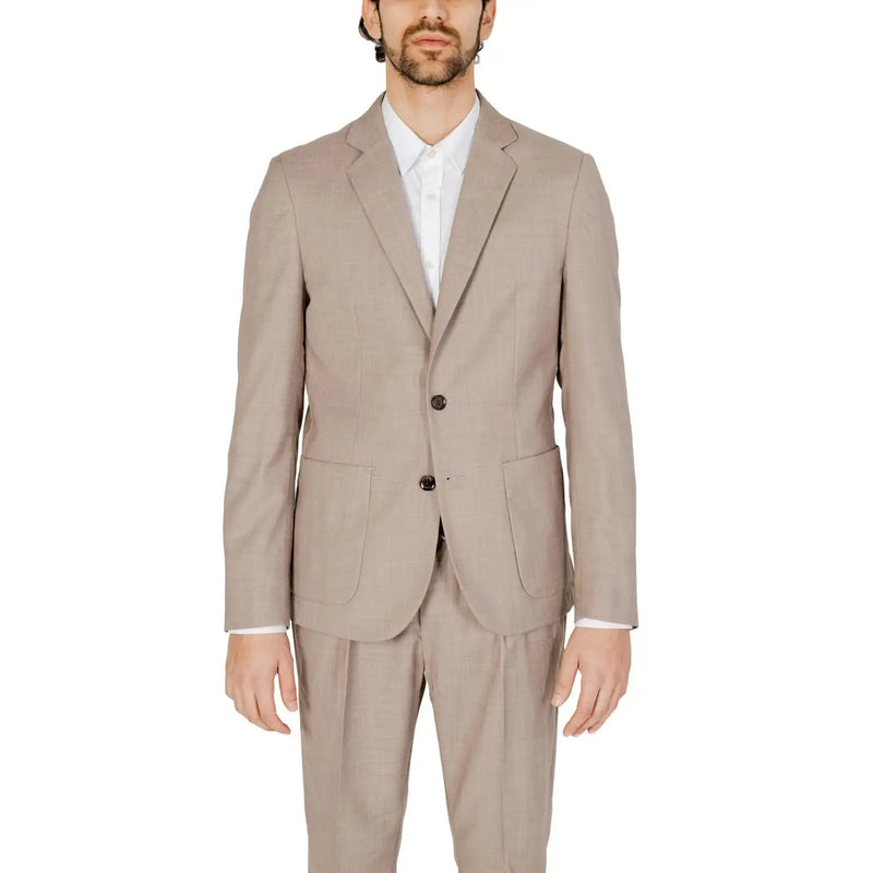 Antony Morato men beige plain viscose blend blazer jacket with tailored fit two-button design and subtle texture