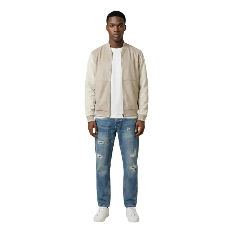 Antony Morato men beige leather bomber jacket with ribbed cuffs and waistband polyester zip blazer mmfl01125