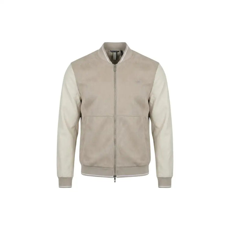 Antony Morato men beige two-tone suede bomber jacket with ribbed cuffs and hem polyester zip blazer