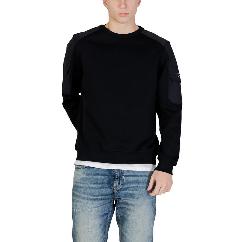 Antony Morato men black cotton crewneck sweatshirt with dark shoulder panels and a logo patch on the left arm