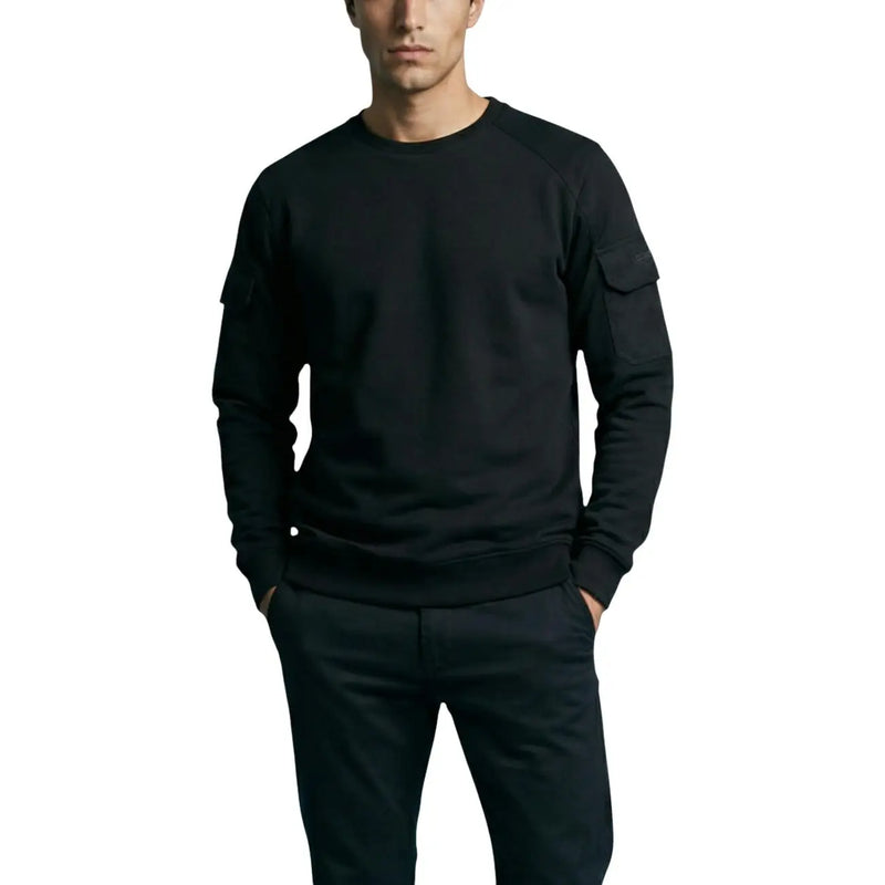 Antony Morato men black cotton sweatshirt round neck with long sleeves and subtle patch pockets minimalist design