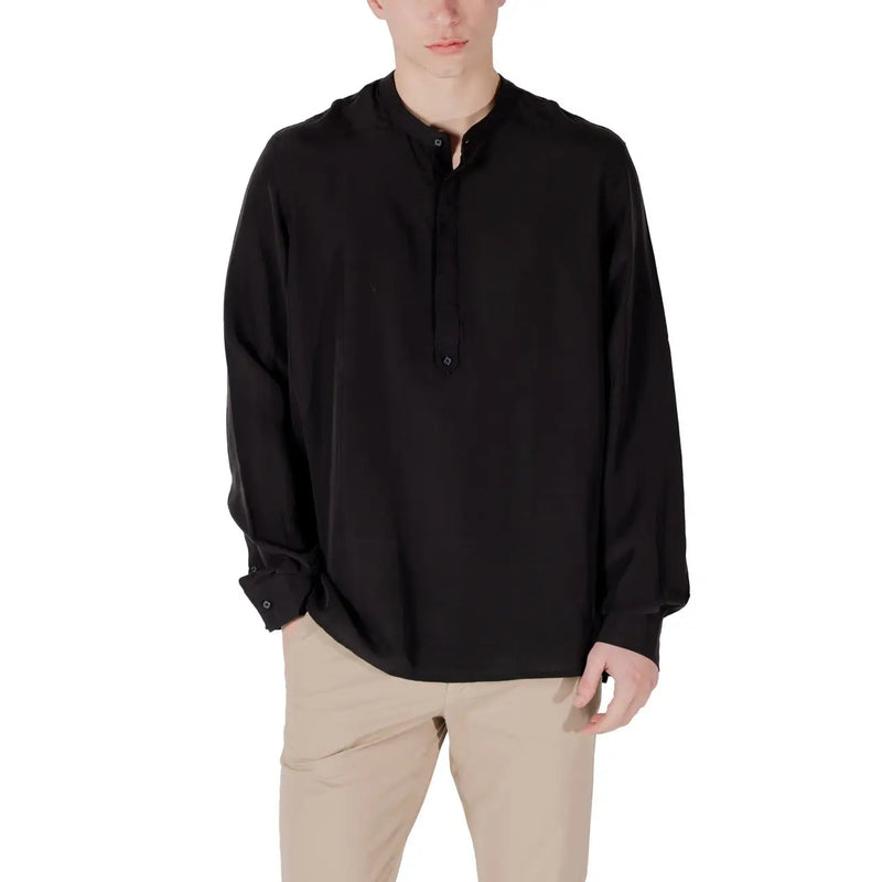 Antony Morato men shirt in black long-sleeved fabric with mandarin collar and rolled cuffs button-up style